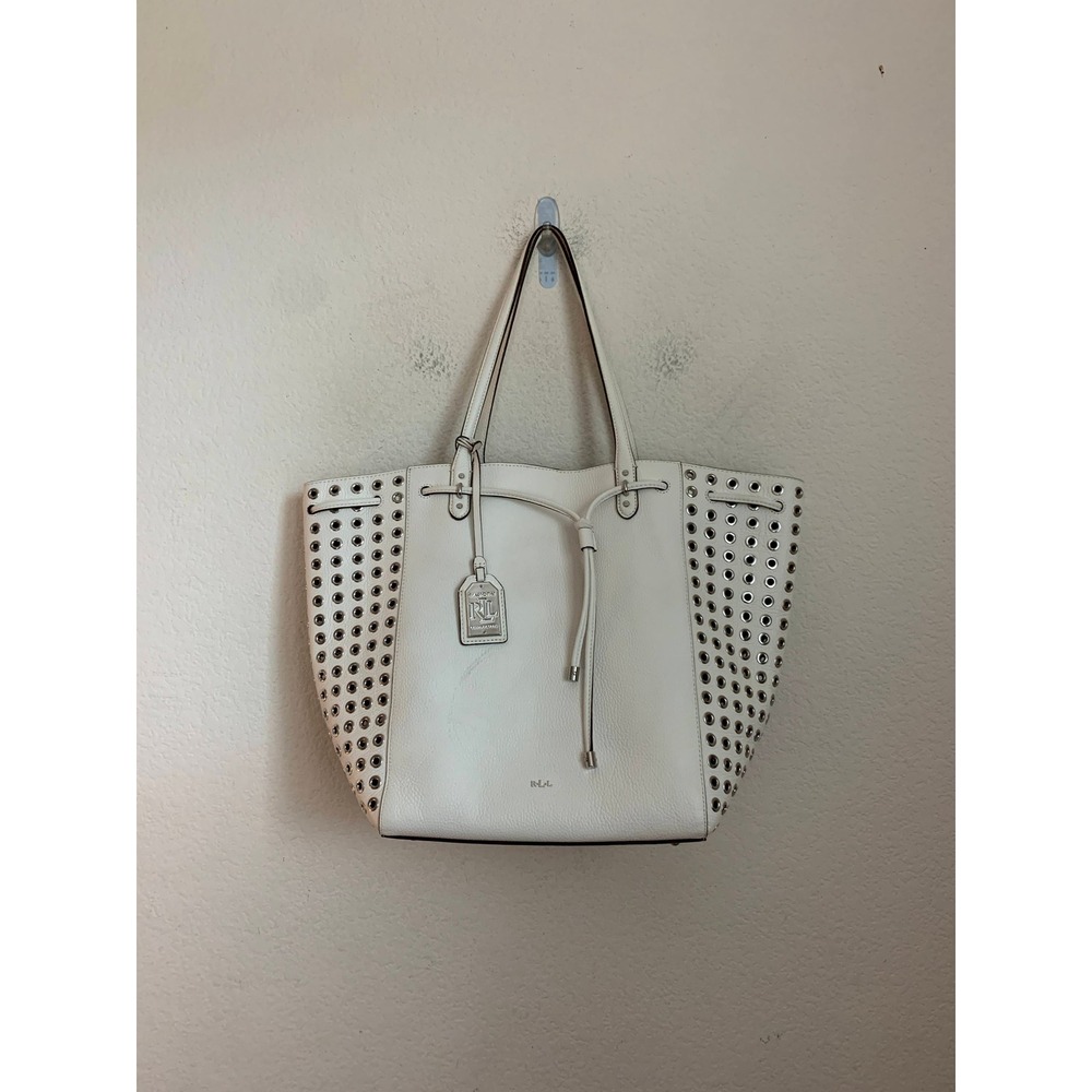 Lauren Ralph Lauren White‎ Leather Eyelet Grommet Tote Bag NWT